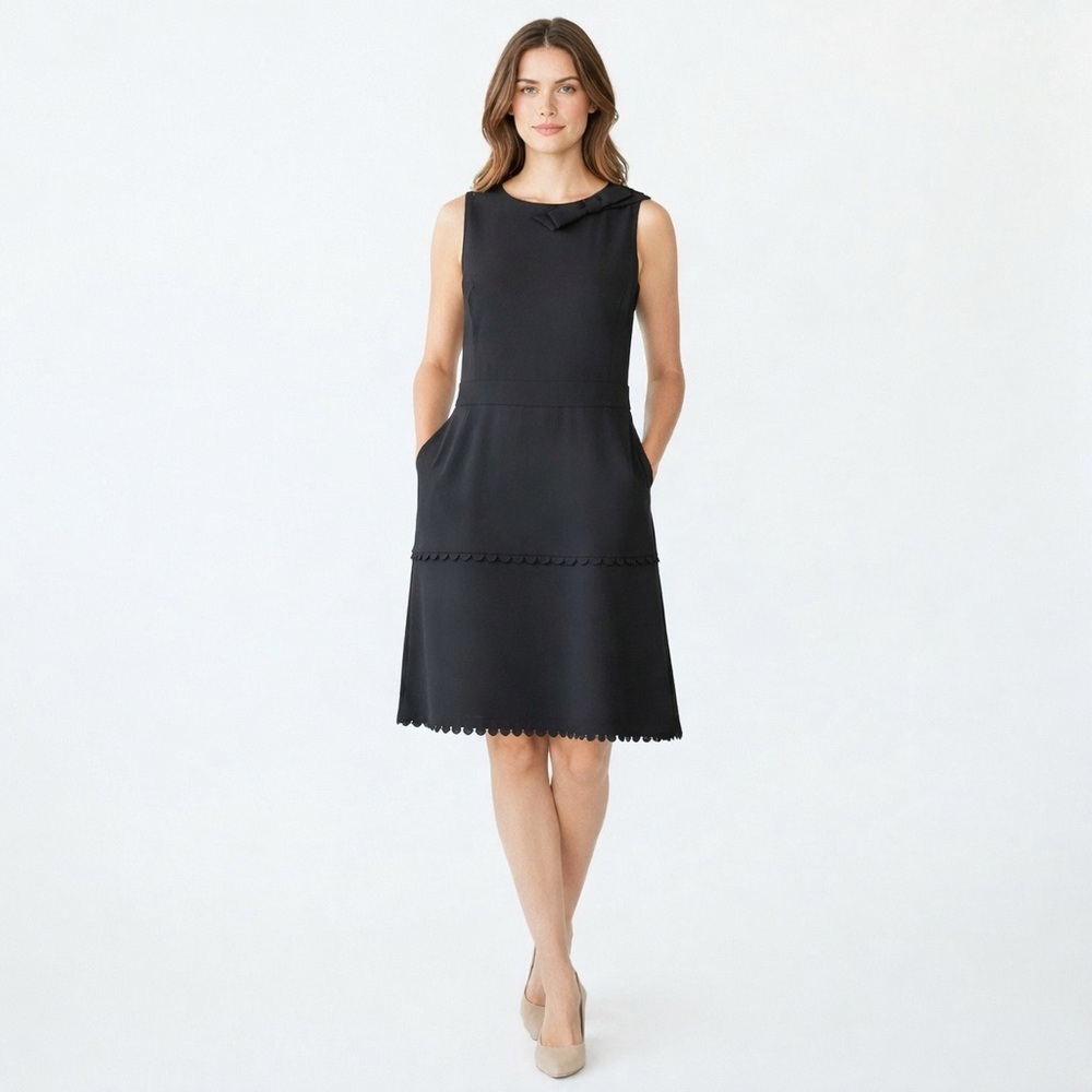 Marina Black Sleeveless Drop Waist Dress Bow Detail Scallop Hem Women’s 8
